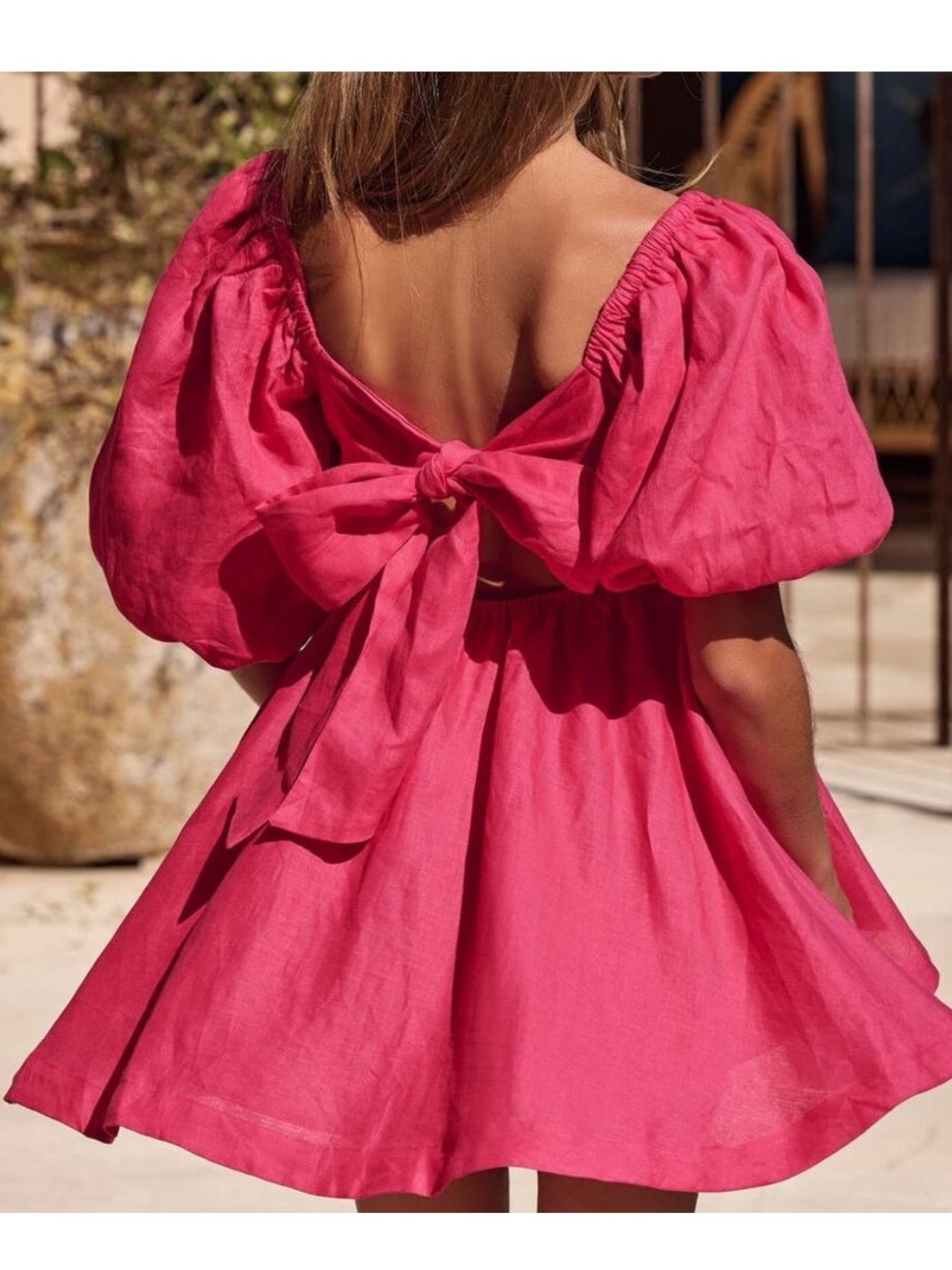 NWT Amalie (Showpo.) Hamyya Linen Tie Back Puff Sleeve Mini Dress Magenta Size 6
